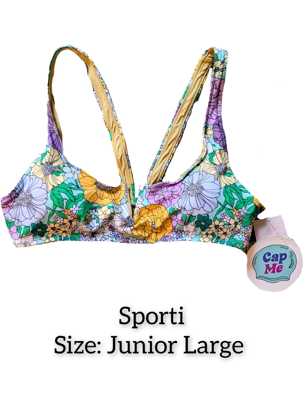 Floral V‑Neck Bikini Top in Green, Yellow & Lavender